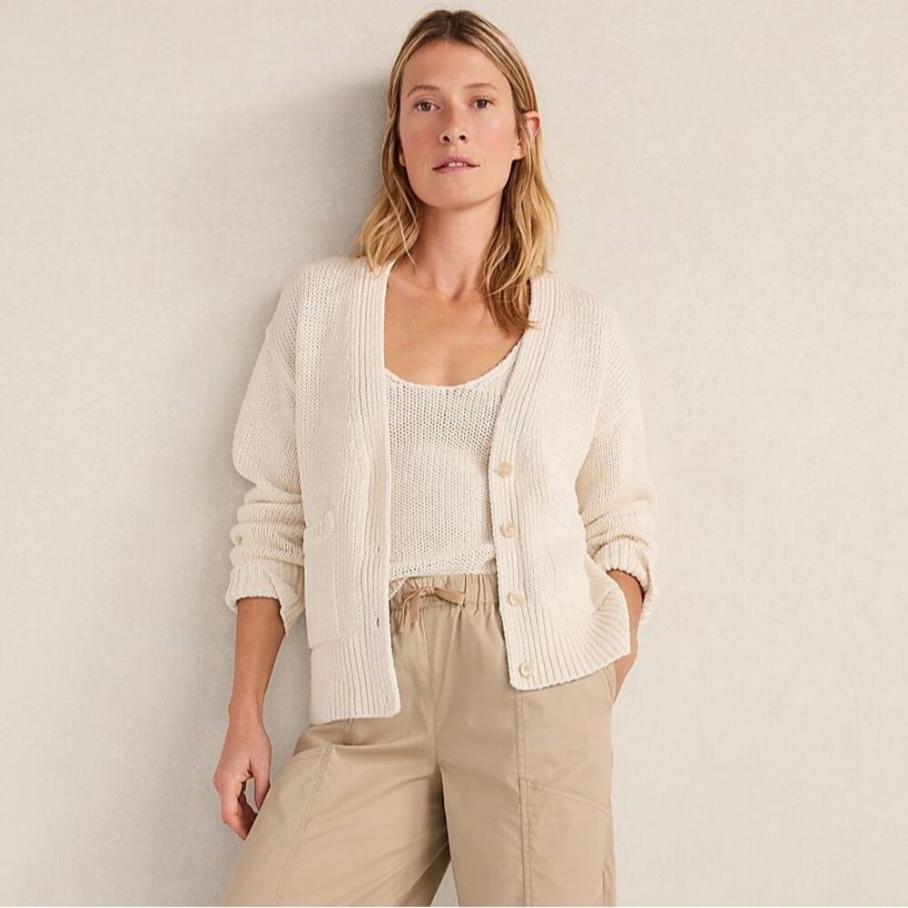 HAVEN Well Within Linen Cotton Heavy Knit Cardigan Sweater S Cream Button Up